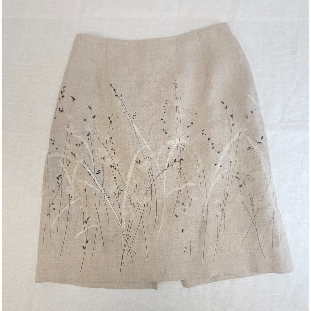 Anne Taylor Loft 100% Linen Natural Tan Beaded Floral Lined Skirt Size 6